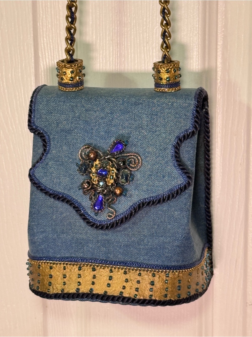 Handmade Denim Blue Jeweled Chain-Handle Crossbody Bag